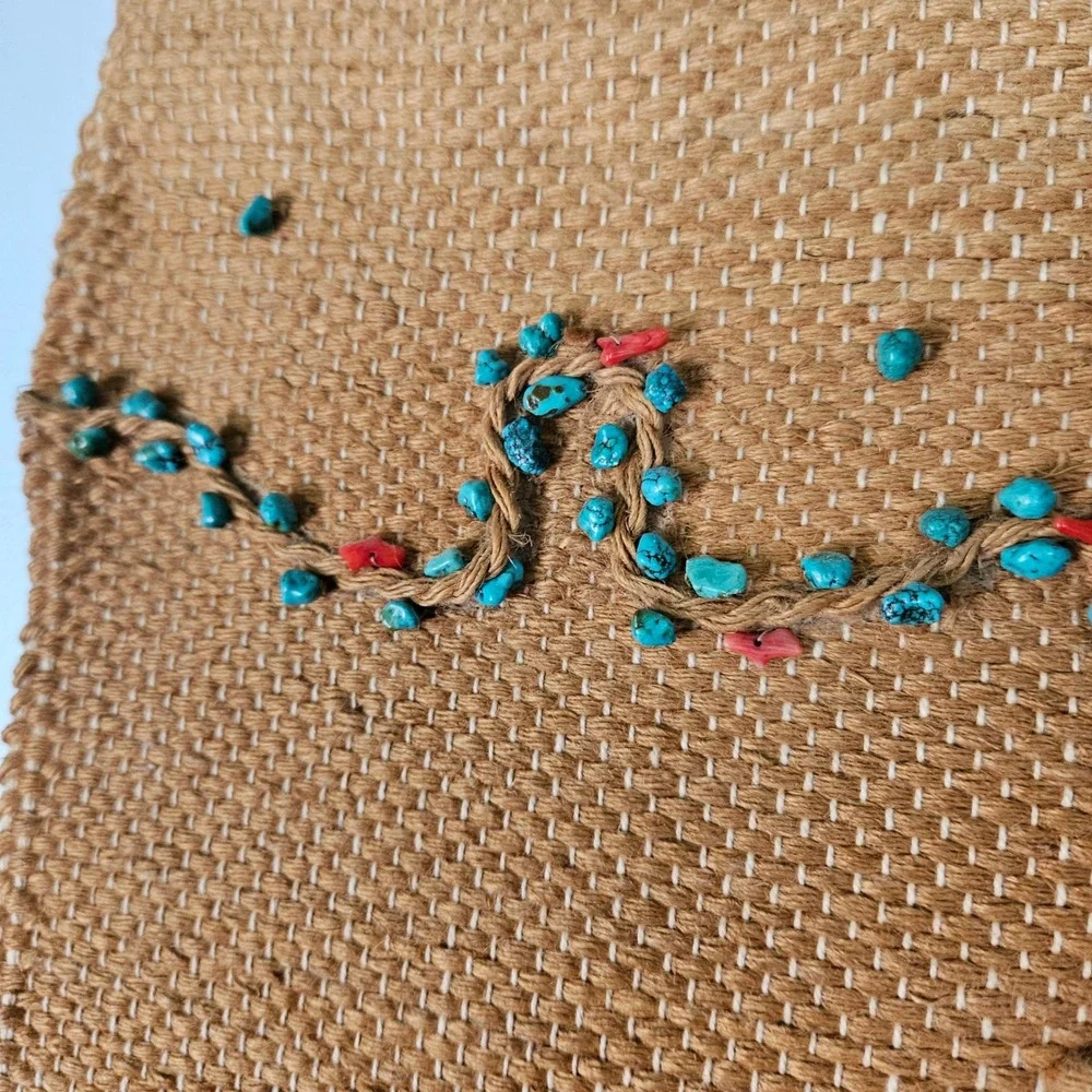 Vintage 1986 ICA Woven Jute Wall Hanging Saguaro Cactus Turquoise Beads Art 80s